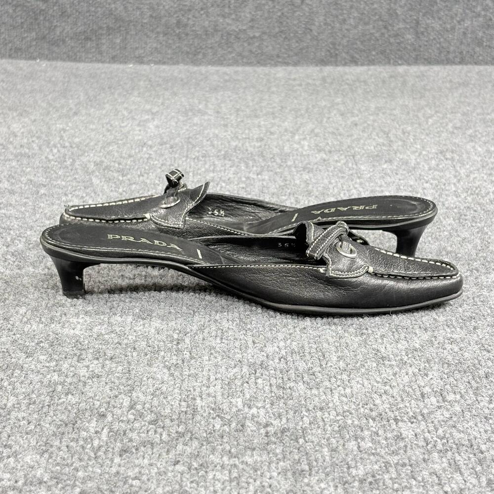 Prada Shoes Womens 5.5 EU 35.5 Black Leather Square Toe Mule Kitten Heels Italy